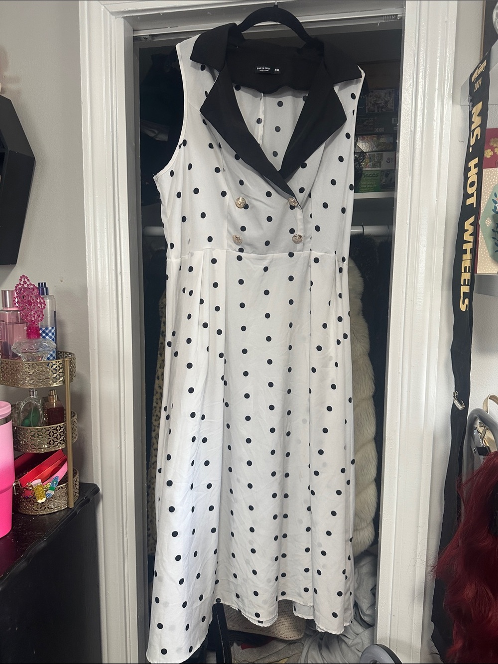 SHEIN White Polka Dot Sleeveless Midi Dress with Black Collar